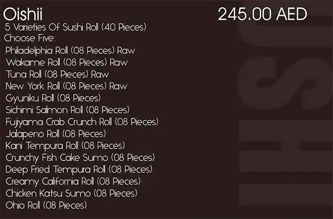 Yabani Sushi Menu, Menu for Yabani Sushi, Al Mushrif, Abu Dhabi 