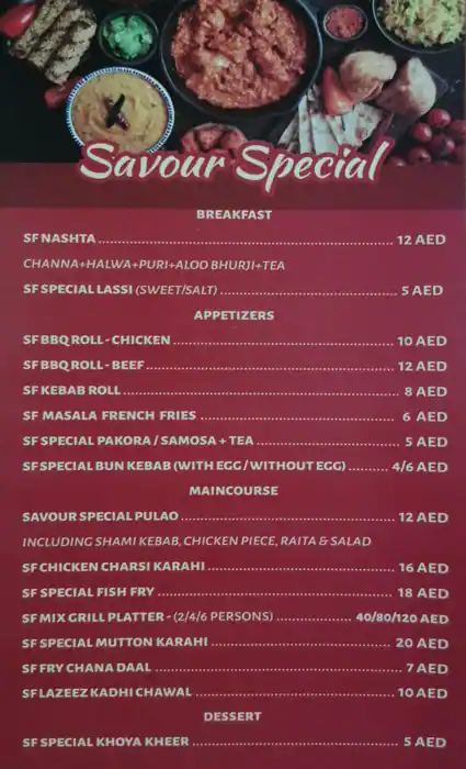 Savour Food Restaurant & Cafeteria  Menu 