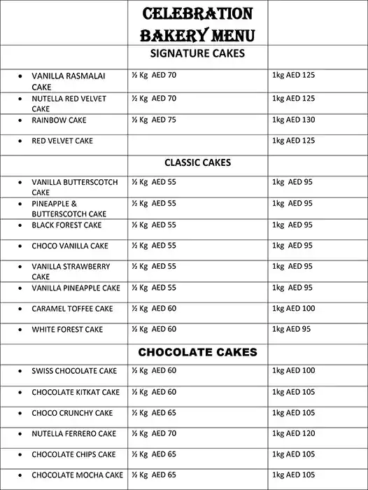 Celebration Bakery Menu, Menu for Celebration Bakery, Abu Shagara, Sharjah 