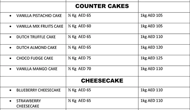 Celebration Bakery Menu, Menu for Celebration Bakery, Abu Shagara, Sharjah 