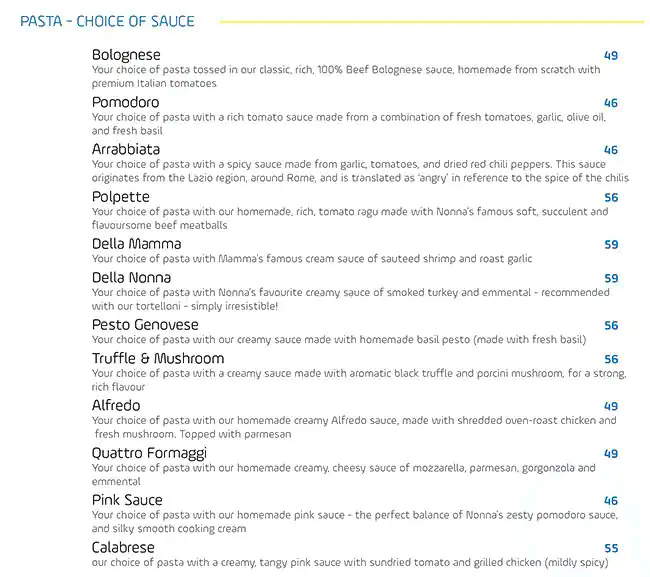 Pasta Della Nonna Menu, Menu for Pasta Della Nonna, Al Dhafrah, Abu Dhabi 