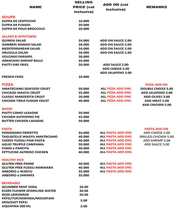 Piatti Menu, Menu for Piatti, University City, Sharjah 