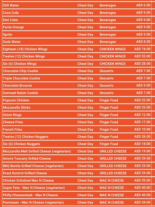 CHEAT DAY Menu, Menu for CHEAT DAY, Halwan Suburb, Sharjah 