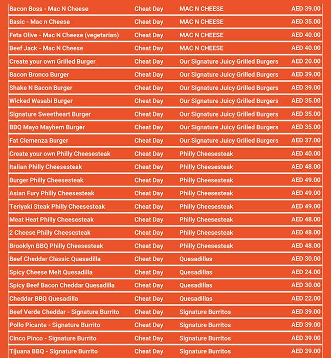 CHEAT DAY Menu, Menu for CHEAT DAY, Halwan Suburb, Sharjah 