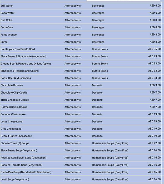 AFFORDABOWLS Menu, Menu for AFFORDABOWLS, Khalifa City, Abu Dhabi 