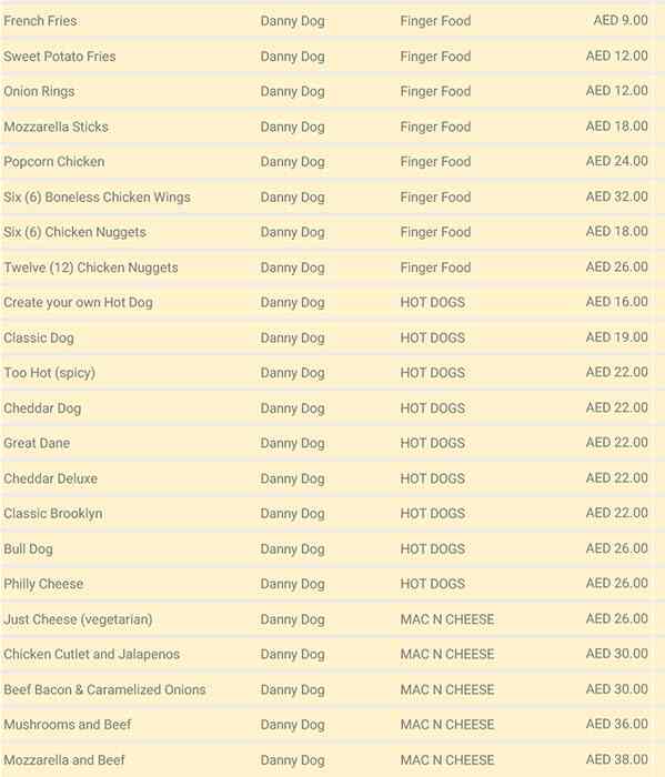 DANNY DOG Menu, Menu for DANNY DOG, Al Nakhil, Ajman 