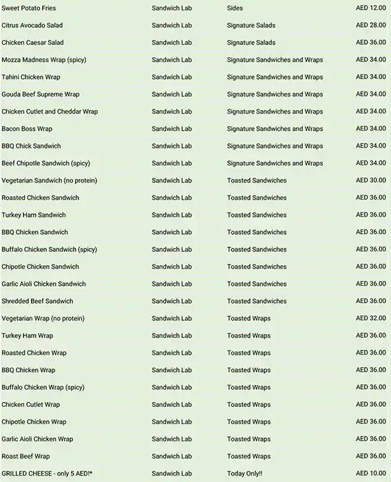 SANDWICH LAB Menu, Menu for SANDWICH LAB, Al Nakhil, Ajman 