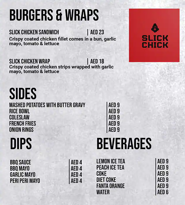 Slick Chick Menu, Menu for Slick Chick, Yas Island, Abu Dhabi 