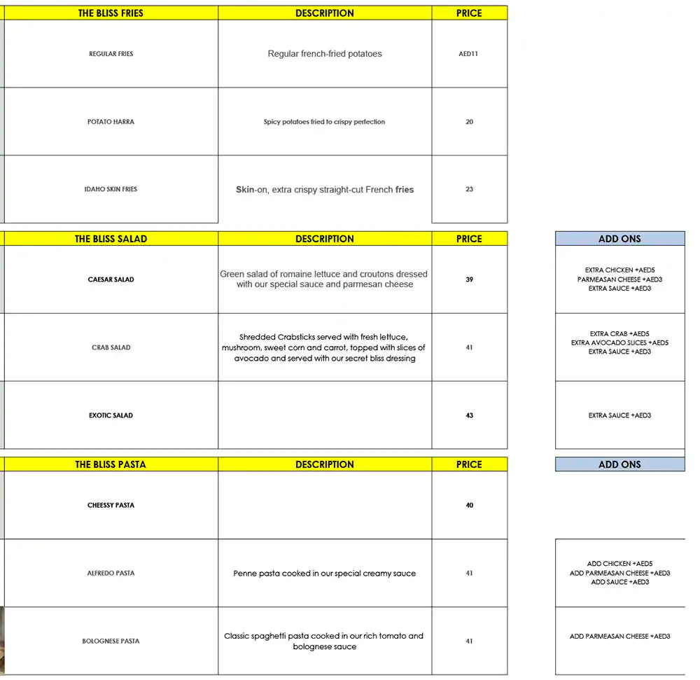 Bliss Fusion Menu, Menu for Bliss Fusion, Al Dhafrah, Abu Dhabi 