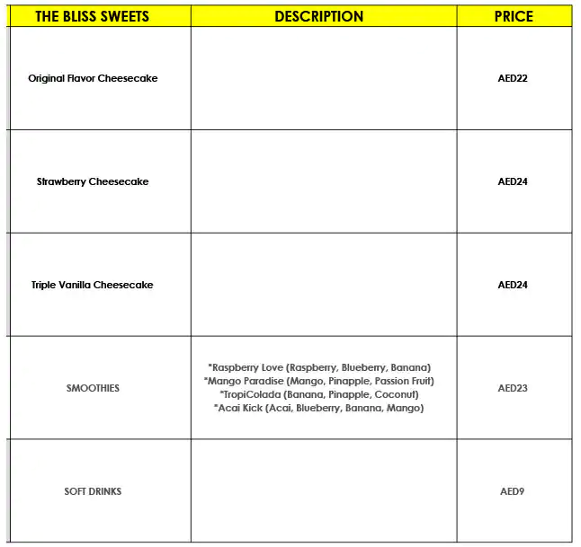 Bliss Fusion Menu, Menu for Bliss Fusion, Al Dhafrah, Abu Dhabi 