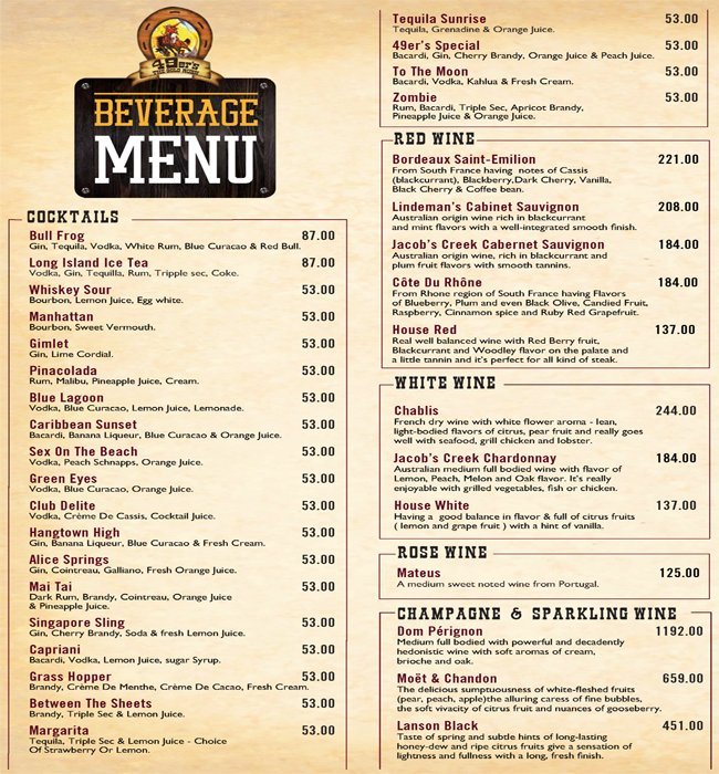 49ers The Gold Rush - Avenue Hotel Dubai Restaurant Menu