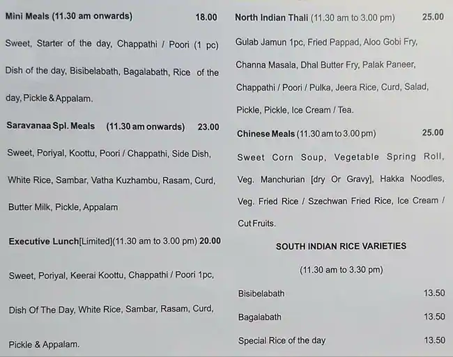 Saravanaa Bhavan Menu, Menu for Saravanaa Bhavan, Abu Shagara, Sharjah 