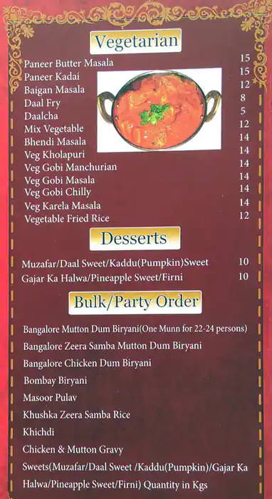 Taj Bangalore Restaurant Menu, Menu for Taj Bangalore Restaurant, Al Nahda, Sharjah 