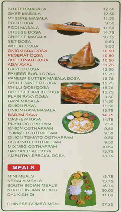 Amrutha Restaurant Menu, Menu for Amrutha Restaurant, Al Ghuwair, Sharjah 