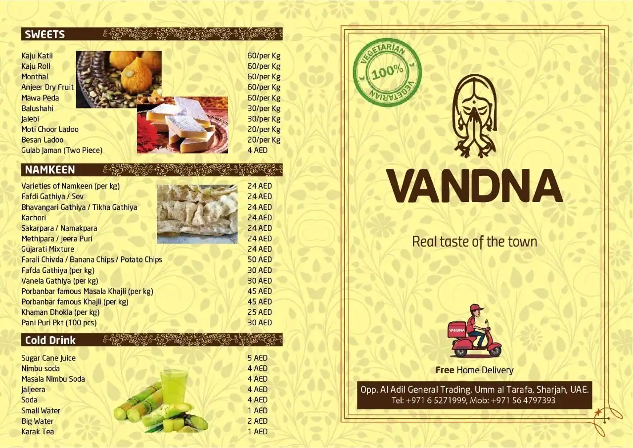 Vandna Menu, Menu for Vandna, Al Ghuwair, Sharjah 