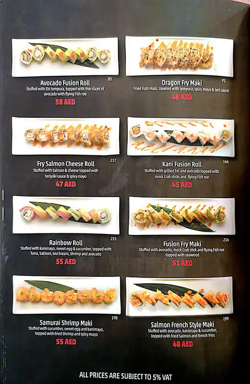 Samurai Japanese Restaurant Menu 