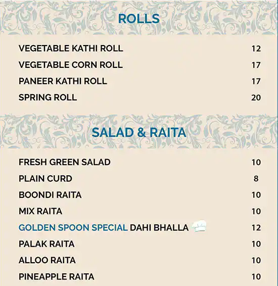 Golden Spoon Vegetarian Restaurant Menu 