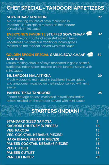 Golden Spoon Vegetarian Restaurant Menu 