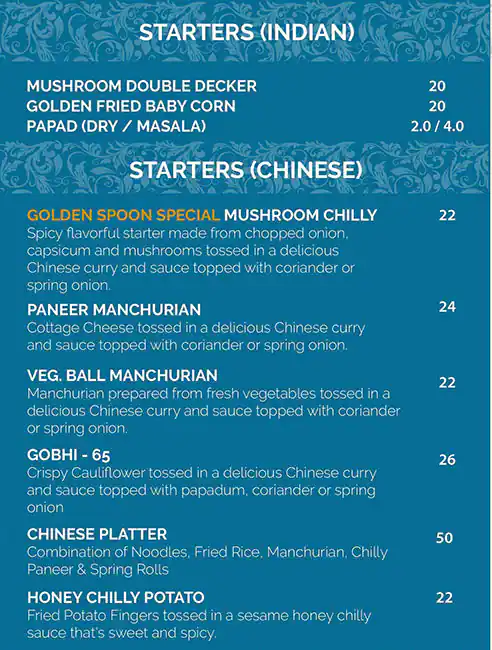 Golden Spoon Vegetarian Restaurant Menu 