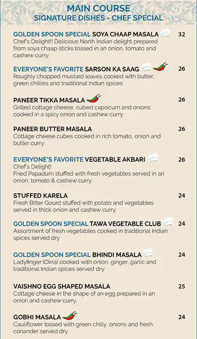 Golden Spoon Vegetarian Restaurant Menu 