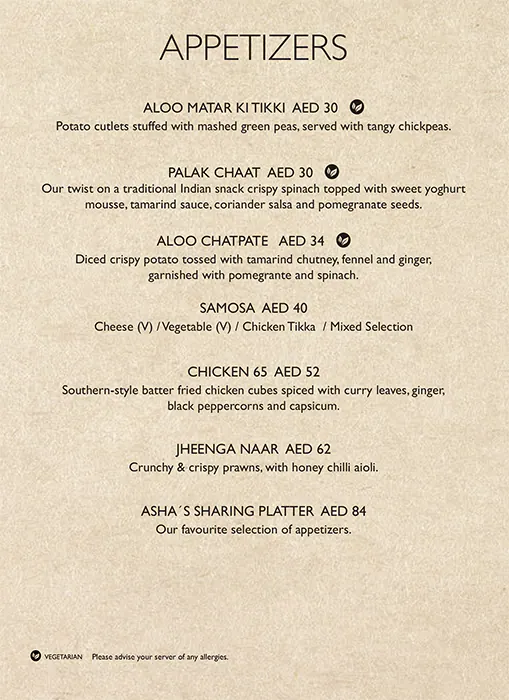 Asha's Menu, Menu for Asha's, Yas Island, Abu Dhabi 