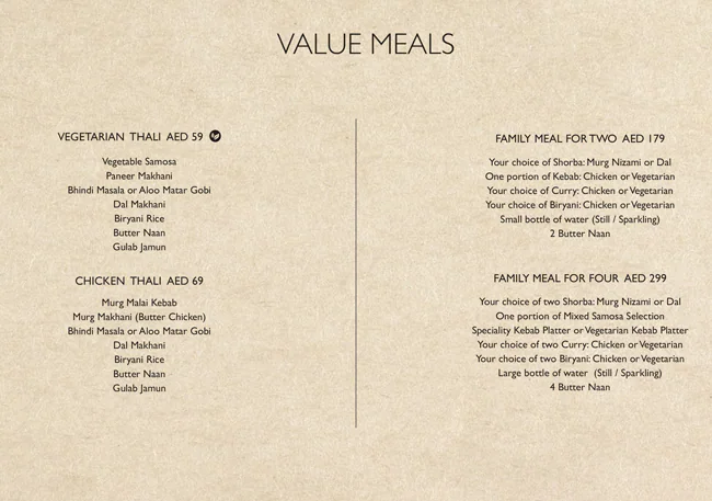 Asha's Menu, Menu for Asha's, Yas Island, Abu Dhabi 