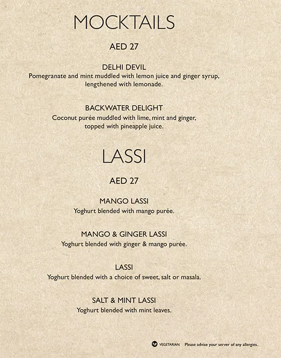 Asha's Menu, Menu for Asha's, Yas Island, Abu Dhabi 