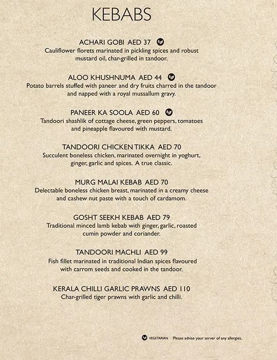 Asha's Menu, Menu for Asha's, Yas Island, Abu Dhabi 