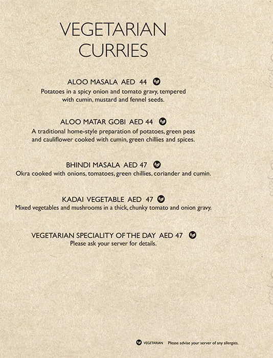 Asha's Menu, Menu for Asha's, Yas Island, Abu Dhabi 