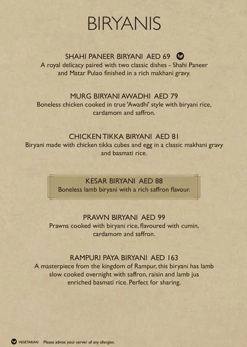 Asha's Menu, Menu for Asha's, Yas Island, Abu Dhabi 