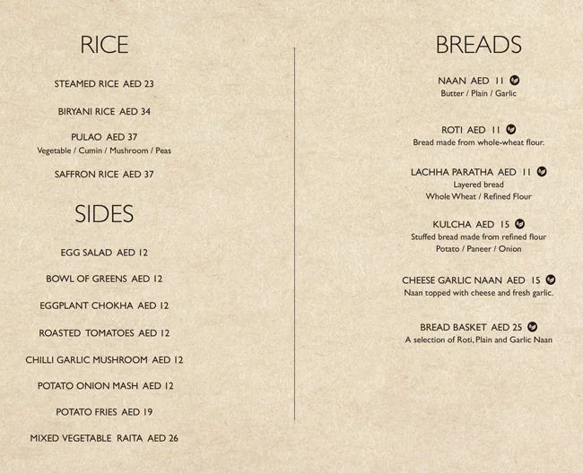 Asha's Menu, Menu for Asha's, Yas Island, Abu Dhabi 