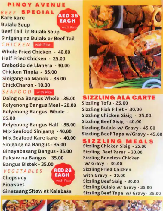 Pinoy Avenue Menu, Menu for Pinoy Avenue, Mussafah Shabiya, Abu Dhabi 