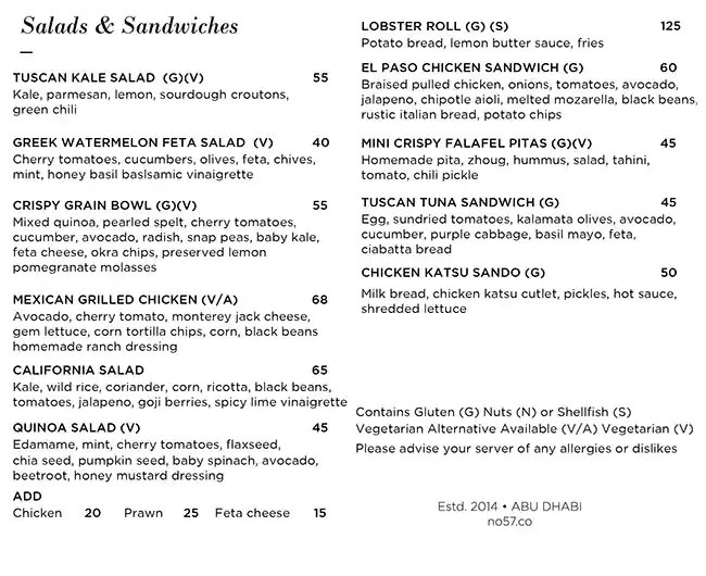 No.Fifty Seven Boutique Cafe Menu 