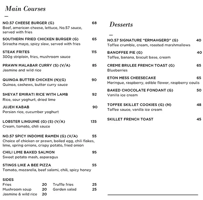 No.Fifty Seven Boutique Cafe Menu 