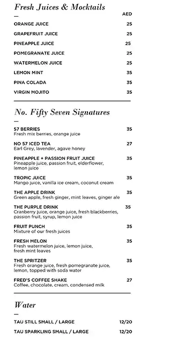 No.Fifty Seven Boutique Cafe Menu 