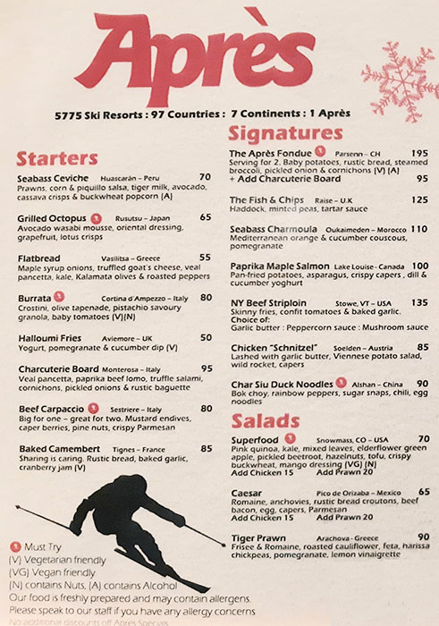 Apres Restaurant Menu