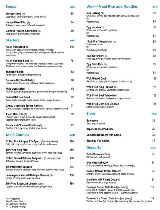 Eauzone - One&Only Royal Mirage Restaurant Menu