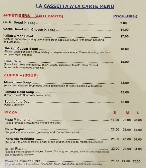 La Cassetta Restaurant Menu