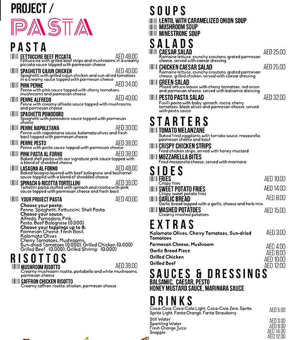 Project Pasta Restaurant Menu