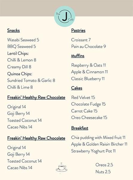 The J Cafe Restaurant Menu