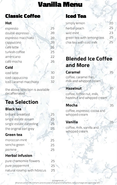 Vanilla Lobby Lounge - Al Bandar Rotana Restaurant Menu