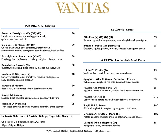 Vanitas - Palazzo Versace Dubai Restaurant Menu